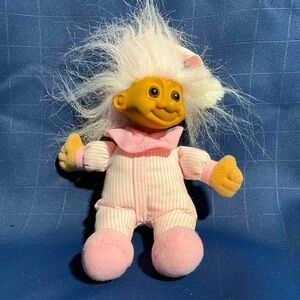 VTG Russ soft body Troll doll plush in pink striped pajamas & hat